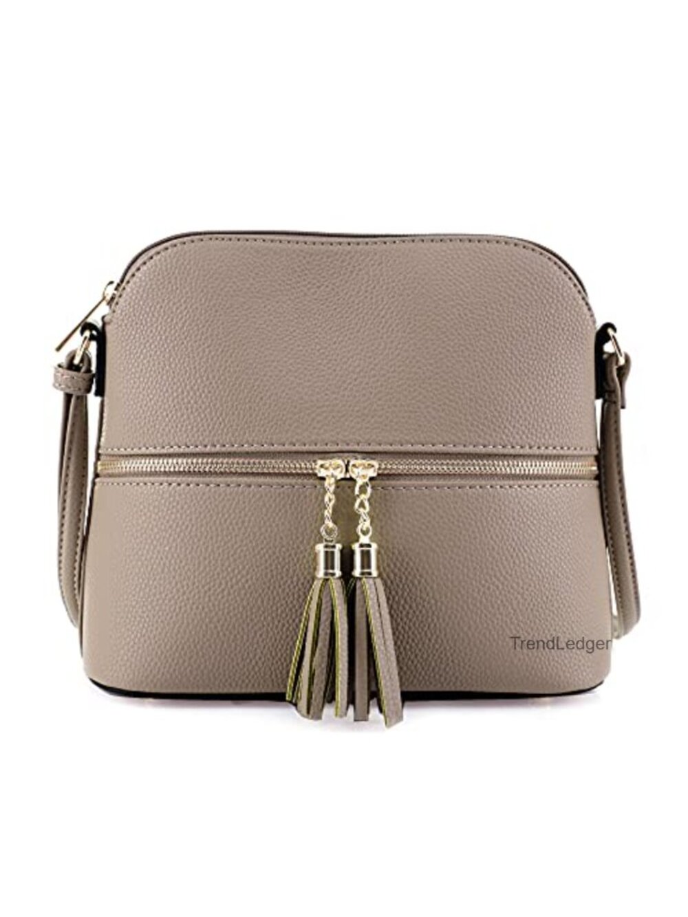 Vegan PU Leather Dome Crossbody Bag Tassel Adjustable Strap Zipper Pockets